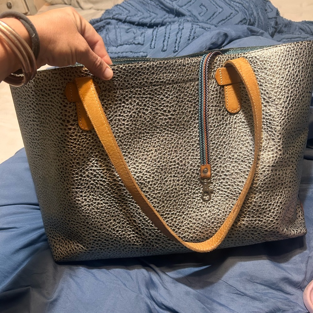 Textured Metallic Tote Bag with Tan Straps